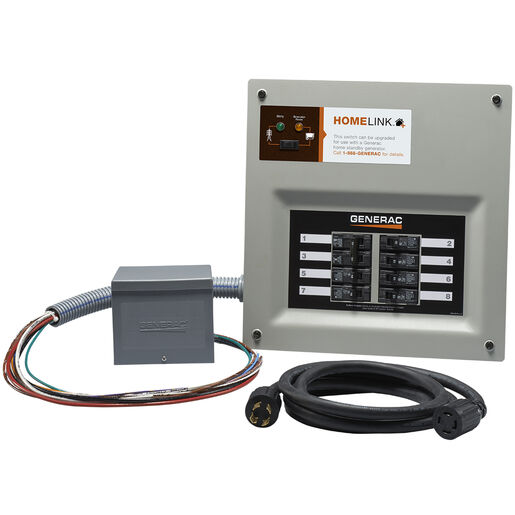 6853 – 30 Amp Indoor Transfer Switch Kit for 8-10 Circ, Resin PIB + Conduit, 30 Amp Plug, Upgradeable
